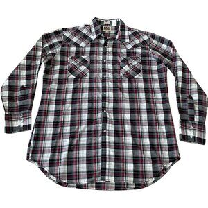 Ely Cattleman Western Shirt Men's Size XL Tall Red Plaid Pearl Snaps Cowboy Wear